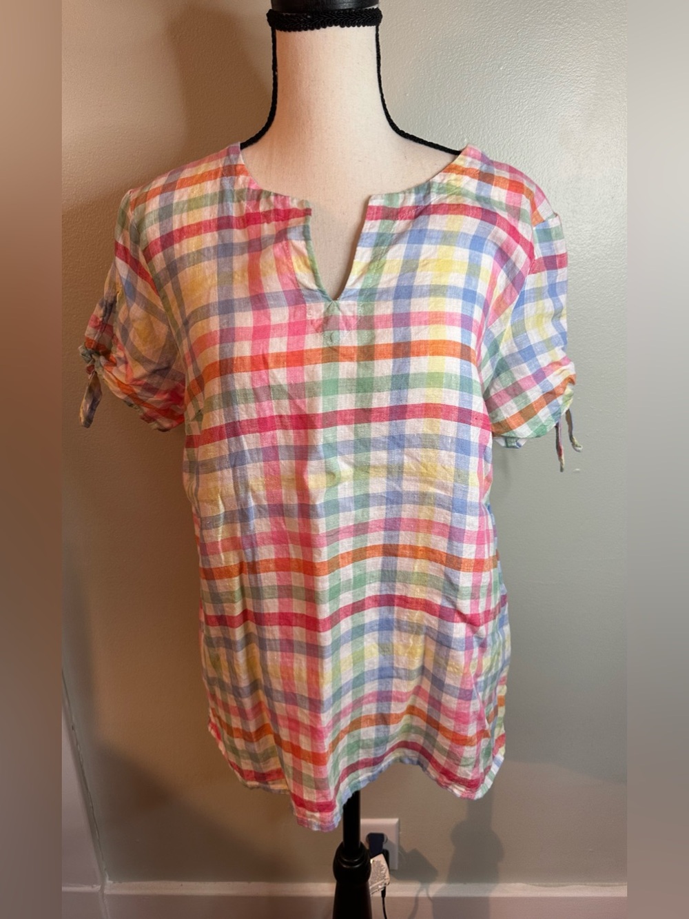 Talbots Linen Blouse Womens Small Multicolor Excellent Rainbow Gingham Tie